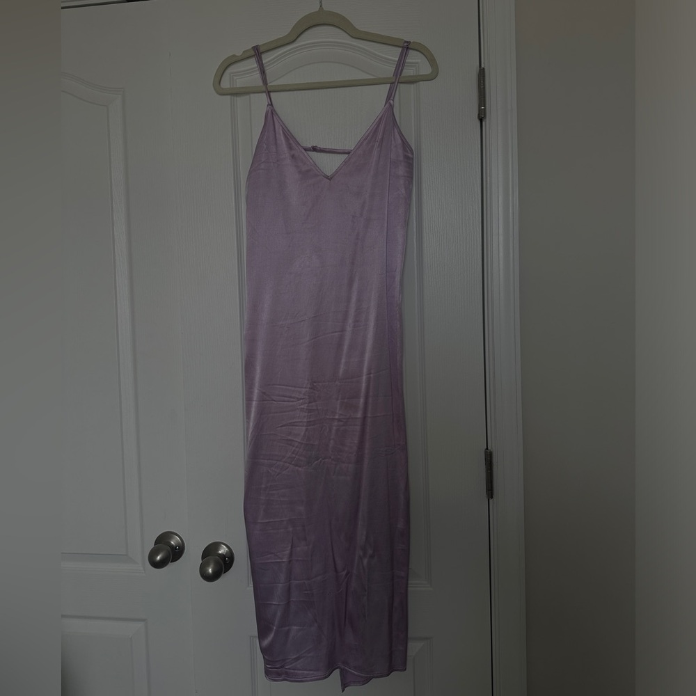 Satin Zara midi slip dress with open back with adjustable straps.